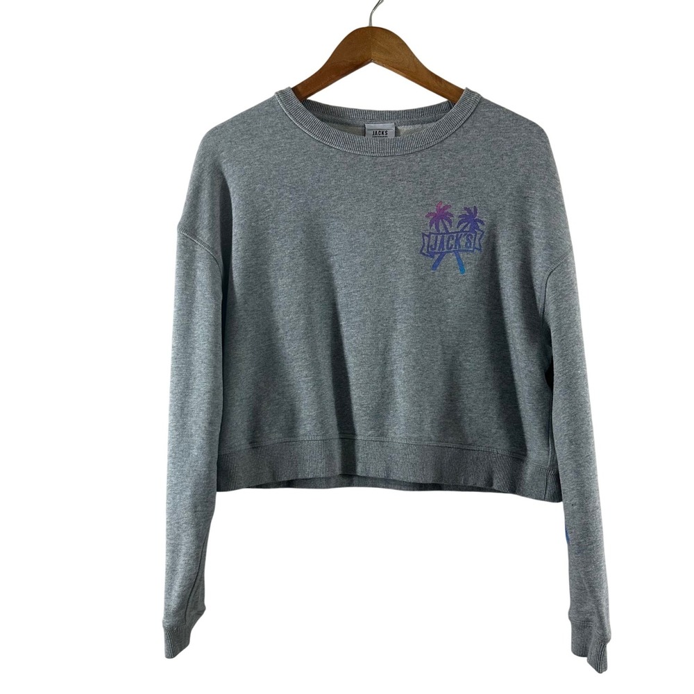 Jacks Surfboards Women's Gray Cropped‎ Graphic Sweatshirt Palm Tree Logo Size M